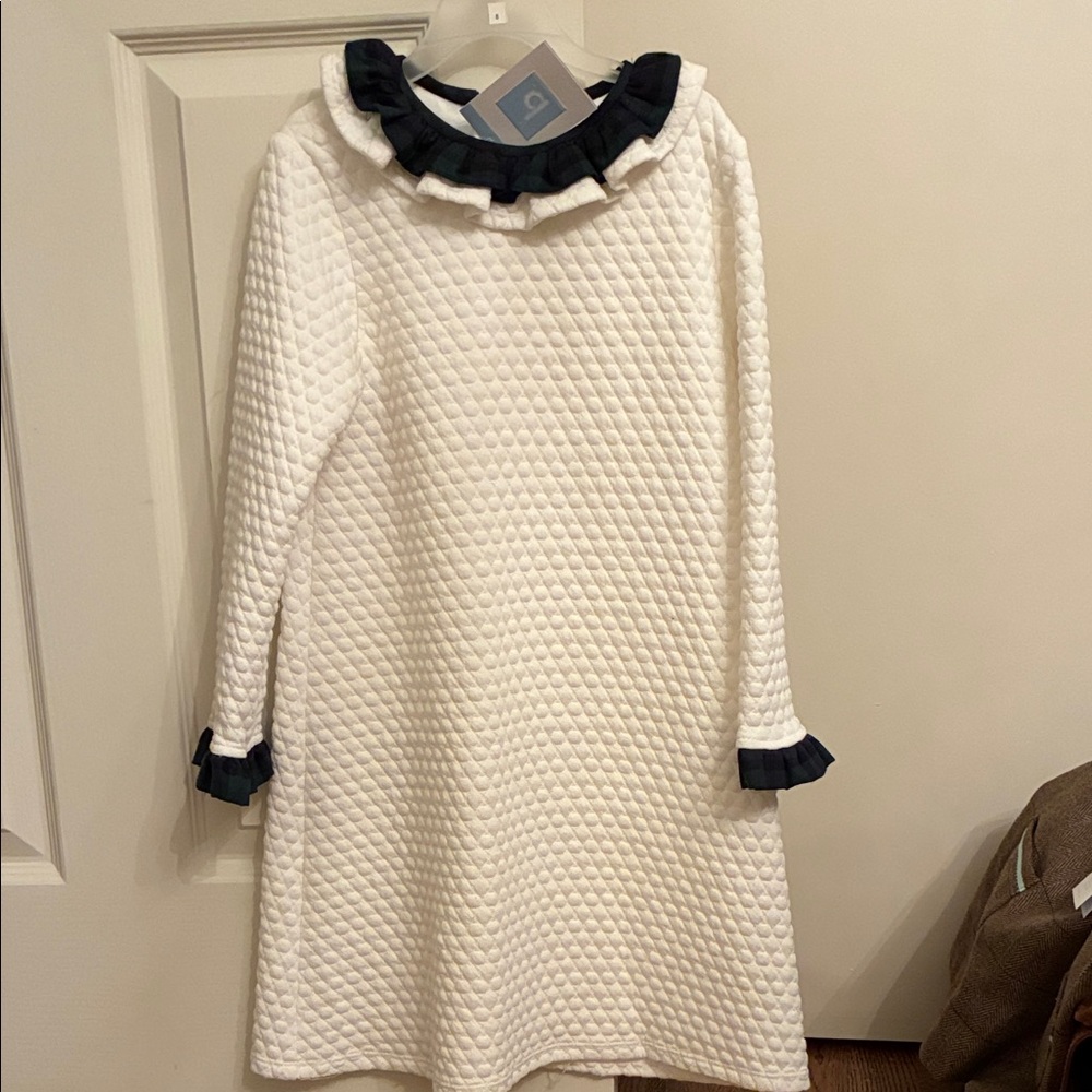 bella bliss White Quilted Dress with Navy and Green Plaid Ruffle Trim